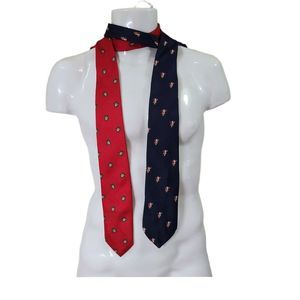 Santa Tie Lot / 2 Red Blue Holiday Christmas Novelty Office Party Silk Polyester